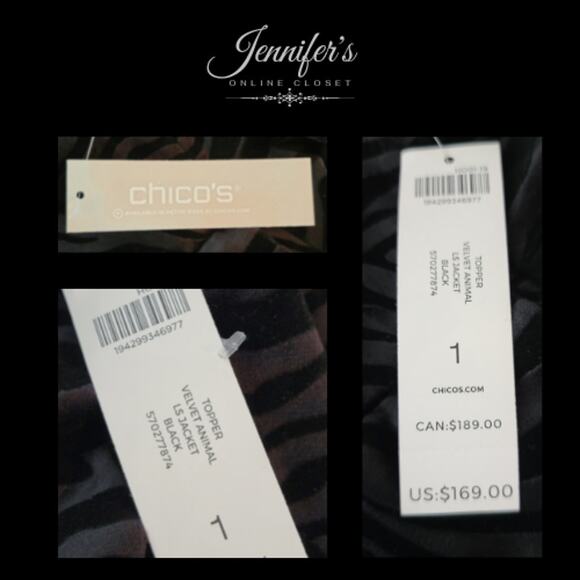 Chico's NWT Black Crushed Velvet Embossed Zebra Print Longline Jacket Size 8/10 - Picture 12 of 12